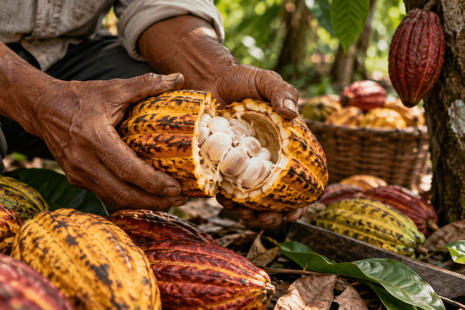 Manos abriendo una mazorca de cacao ecuatoriano durante la cosecha