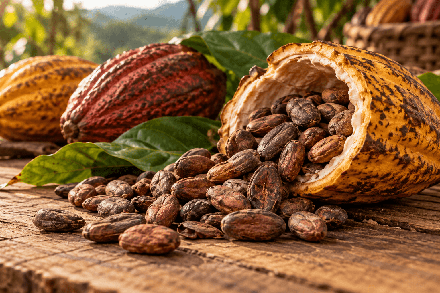 Granos y mazorcas de diferentes tipos de cacao ecuatoriano