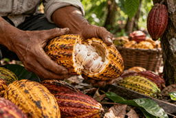 Manos abriendo una mazorca de cacao ecuatoriano durante la cosecha